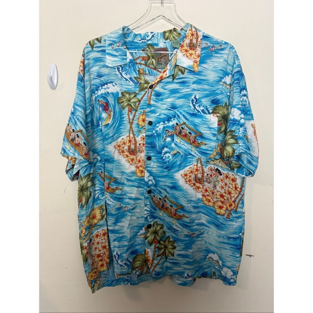 Pineapple Connection Blue Tropical Surf Hawaiian Shirt Canoe Print Rayon Camp Co